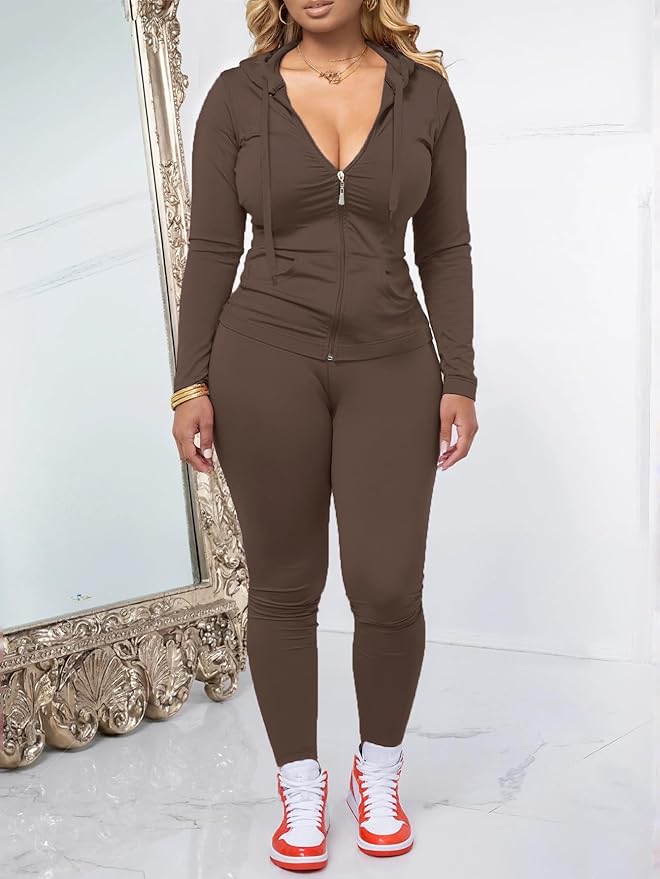 AUXDIO Women 2 Piece Outfits Casual Workout Sets Bodycon Tracksuit Zip Up Long Sleeve Hoodle Jacket Jogger Pants Set