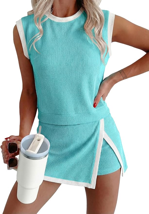 EVALESS 2 Piece Sets for Women Summer Outfits Ribbed Knit Tank Top and Split Lined Skirt Two Pieces Lounge Matching Set