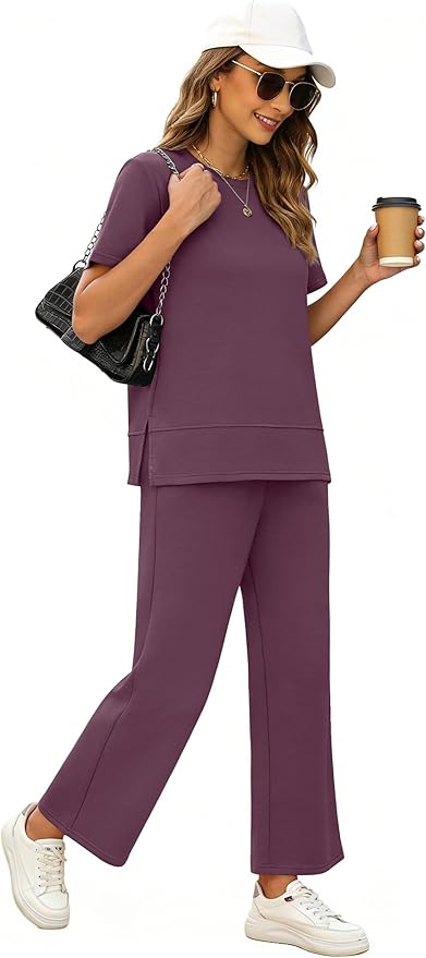 XIEERDUO Women's Side Slit Lounge Sets 2026 Fashion 2 Piece Travel Outfits Cozy Loungewear Wide Leg Tracksuits S-3XL