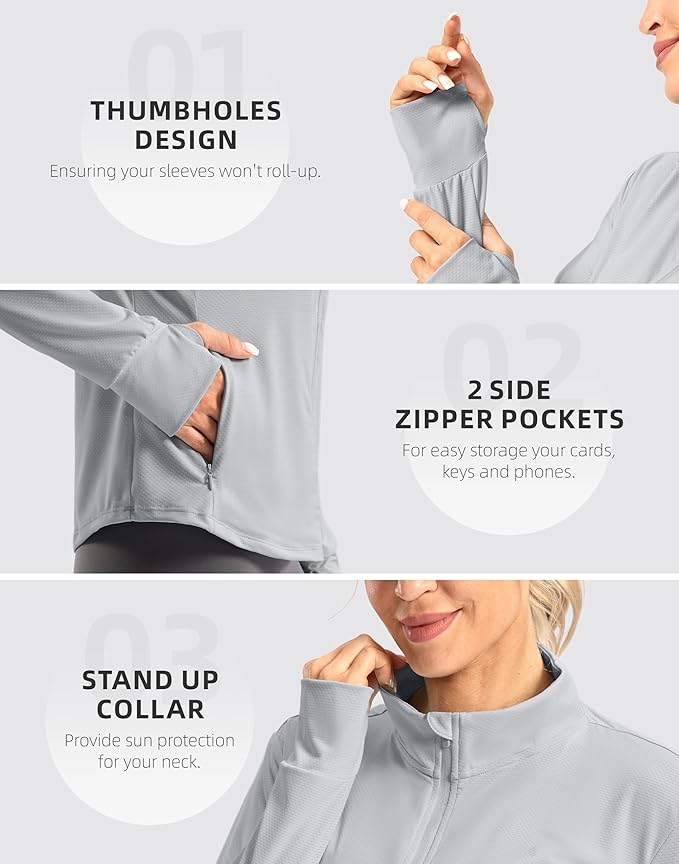 Soothfeel Women's UPF 50+ Lightweight Athletic Jackets Sun Protection Zip Up Long Sleeve Shirts Hiking Workout Outdoor Pocket