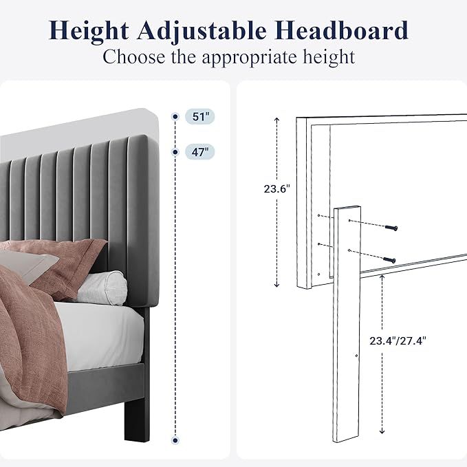 Allewie Full Bed Frame, Velvet Upholstered Platform Bed with Adjustable Vertical Channel Tufted Headboard, Mattress Foundation with Strong Wooden Slats, Box Spring Optional, Easy Assembly, Grey