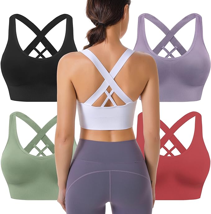 Evercute Sports Bras for Women Padded Medium Support Criss Cross Strappy Bra Seamless High Impact Yoga Exercise Athletic Bras