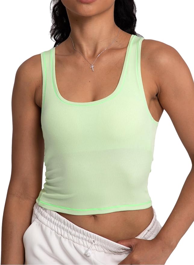 Danysu Women Rib Tank Top Padded Workout Top Square Neck Crop Tank Fitted Basic Cami Tops