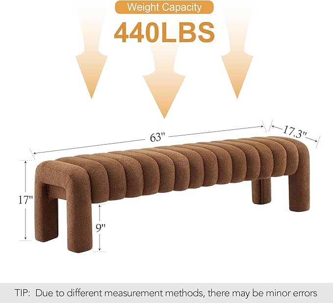63" Upholstered Boucle Bench Bedroom, Padded King Size Long Ottoman Bench, Sherpa Window Seat for Living Room, Entryway, End of Bed, Rust Brown