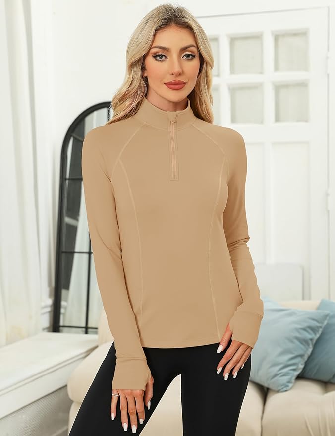 LOMON Women's Long Sleeve Athletic Tops Quarter Zip Workout Shirts Turtle Neck Fall Compression Shirt with Thumb Hole