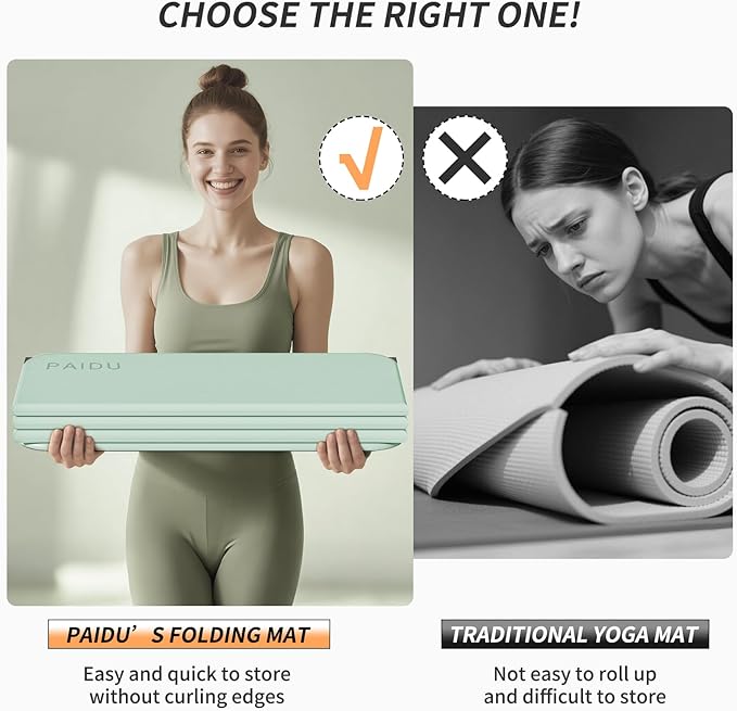 PAIDU Foldable Fitness Yoga Mat | 2/5" (10MM) Extra Thick | SGS Certified Non-Slip TPE | 75x26" Extra Long-Wide | Portable & Easy Store | for Yoga, Pilates, Home Gym & Full-Body Workouts