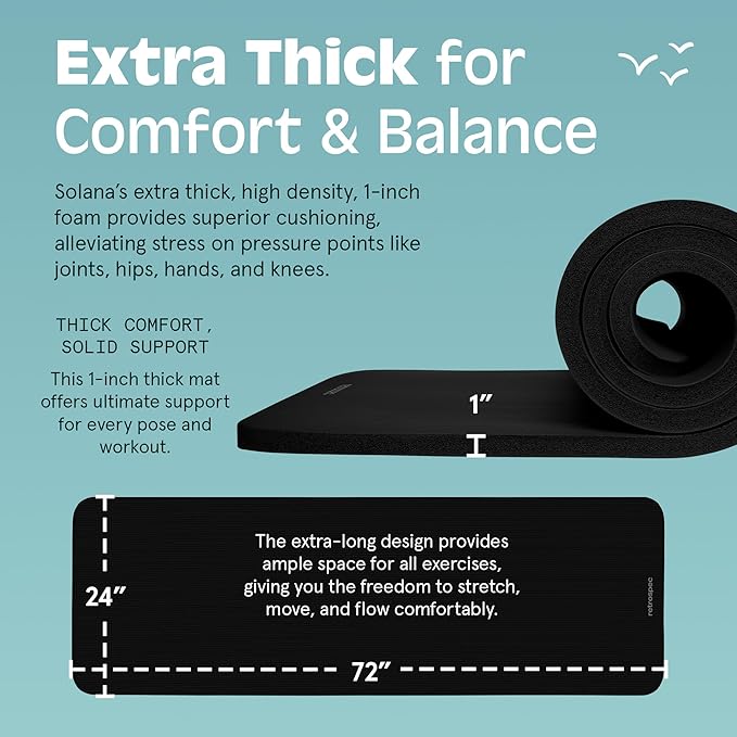 Retrospec Solana Yoga Mat 1" Thick w/Nylon Strap for Men & Women - Non Slip Exercise Mat for Home Yoga, Pilates, Stretching, Floor & Fitness Workouts