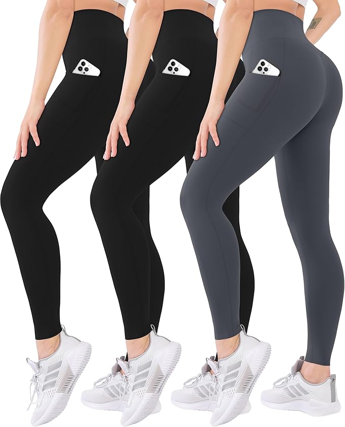 Blisset 3 Pack High Waisted Leggings for Women with Pockets Soft Active Tummy Control Pants for Yoga Running & Daily Wear