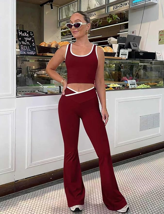 OLCHEE Womens Workout Sets 2 Piece Gym Yoga Outfits Crossover Flare Leggings Crop Tank Top with Contrast Trim