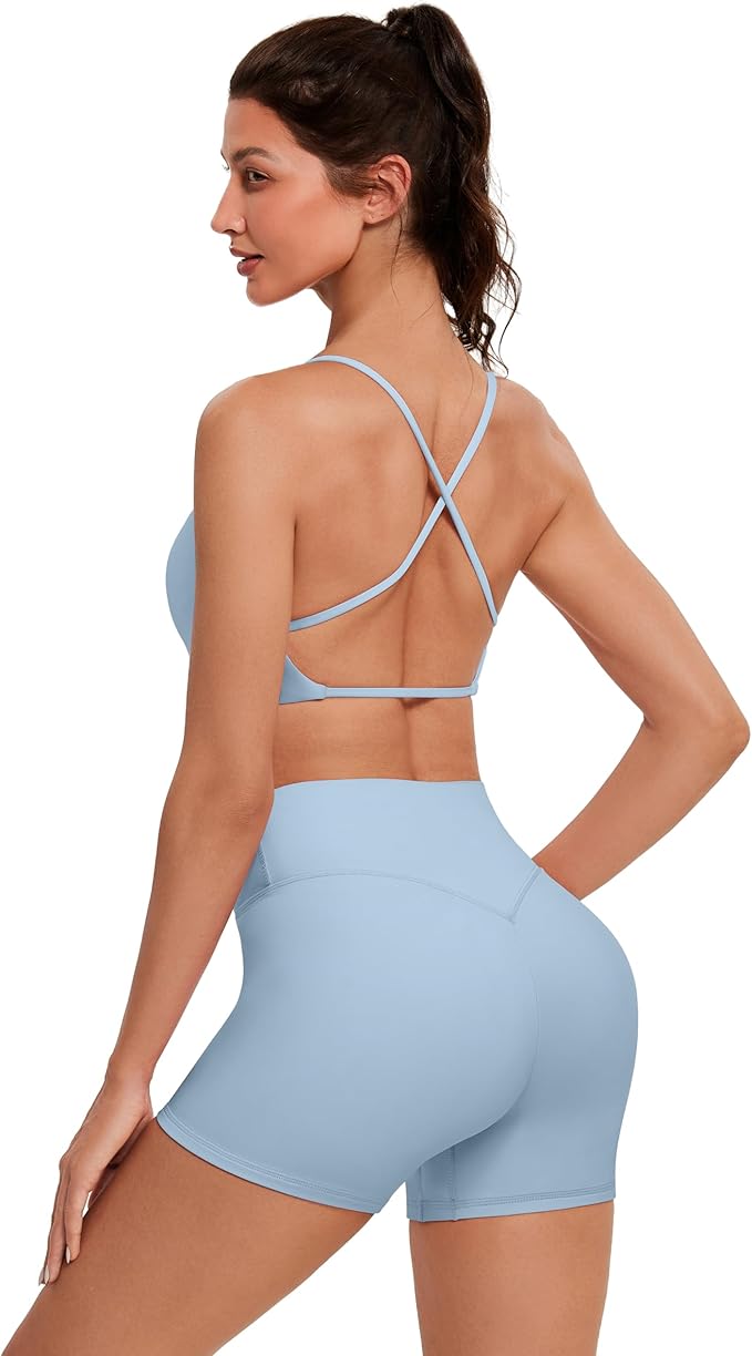 OMKAGI Workout Sets for Women Open Back Strappy Sports Bra Booty Biker Shorts Gym Outfits