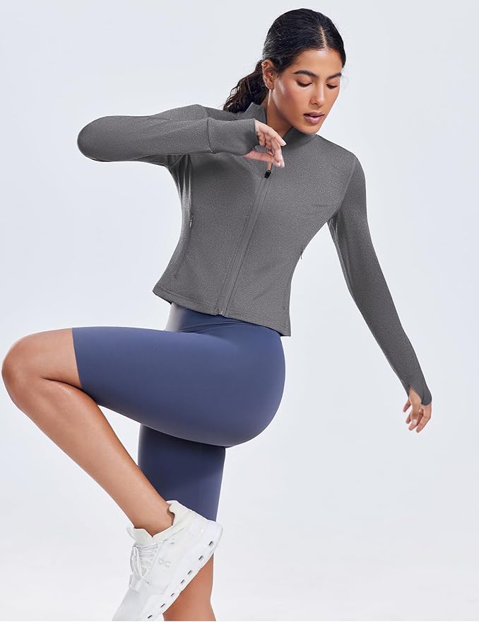 PINSPARK Women Cropped Workout Jackets Full Zip Slim Fit Athletic Jackets Thumb Holes Running Jacket with Zipper Pockets