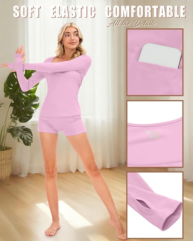Oakgarden Women's Long Sleeve Yoga Set Square Neck Slim Fit Tops Elastic Soft Thumb Hole Shirt High Waist Shorts with Pockets