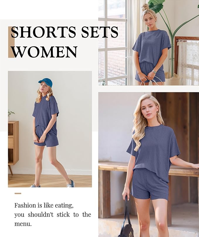 MARZXIN Women 2 Piece Shorts Set 2026 Casual Summer Cruise Outfits Ribbed Loose Short Sleeve Pocket Matching Lounge Sets
