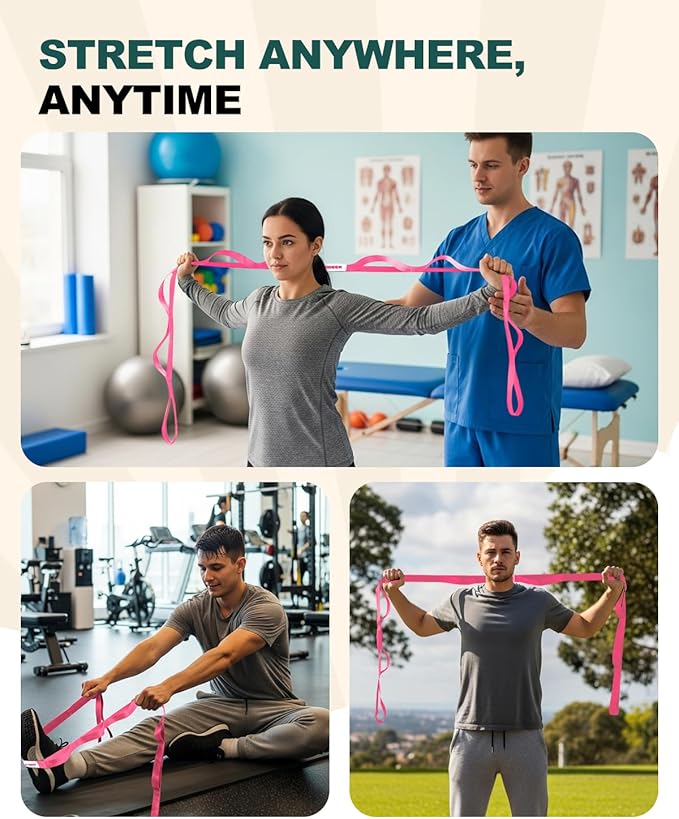 Trideer Stretching Strap for Physical Therapy & Home Rehab, Non-Elastic Yoga Strap for Stretching with Loops for Hamstring, Calf & Back Stretcher Mobility, Hip & Pilates