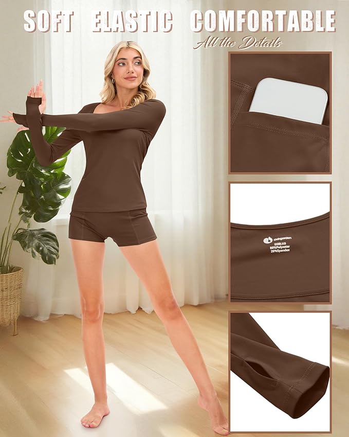 Oakgarden Women's Long Sleeve Yoga Set Square Neck Slim Fit Tops Elastic Soft Thumb Hole Shirt High Waist Shorts with Pockets
