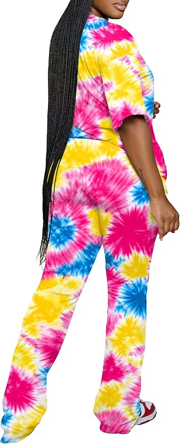 PINSV Women 2 Piece Outfits Short Sleeve Top and Flare Pants Lounge Sets Tracksuit