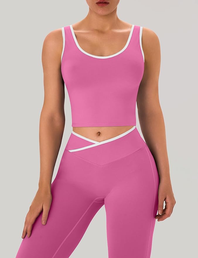 OLCHEE Womens Workout Sets 2 Piece Gym Yoga Outfits Crossover Flare Leggings Crop Tank Top with Contrast Trim