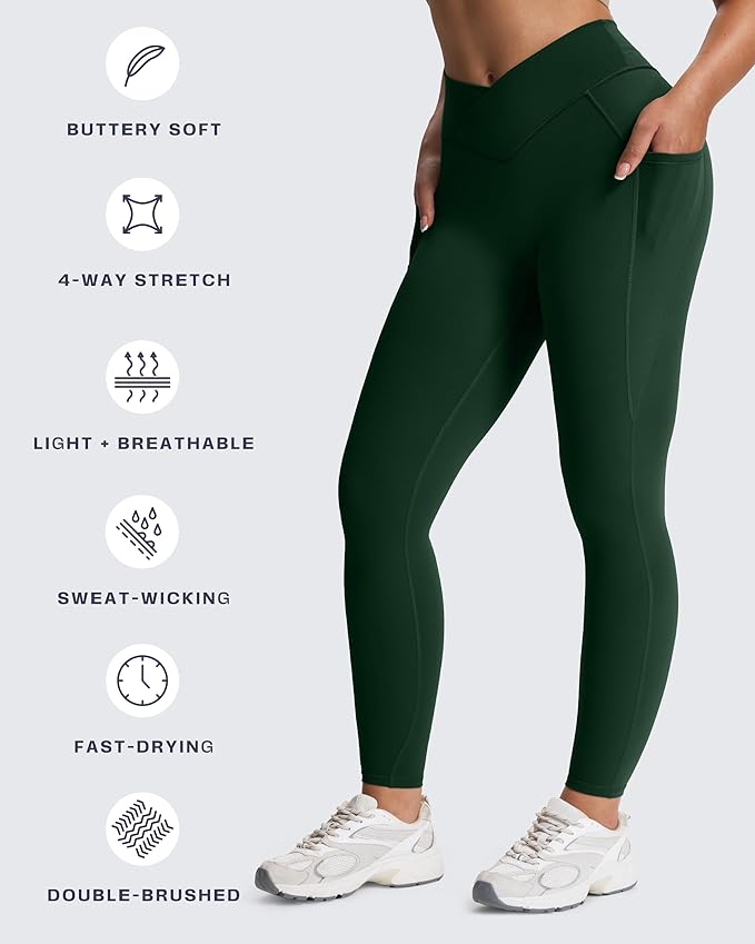 Aoxjox Women's Trinity High Waisted Yoga Pants with Pockets Cross-Waist Tummy Control Buttery Soft Workout Leggings 26"