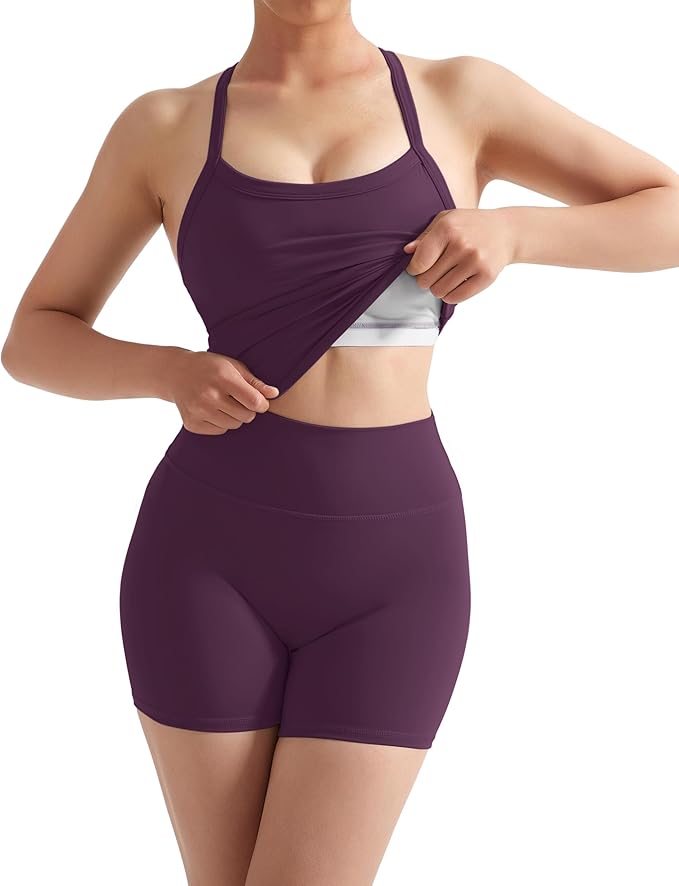 SUUKSESS Women 2 Piece Workout Sets High Waisted Tummy Control Biker Shorts Halter Padded Tank Tops