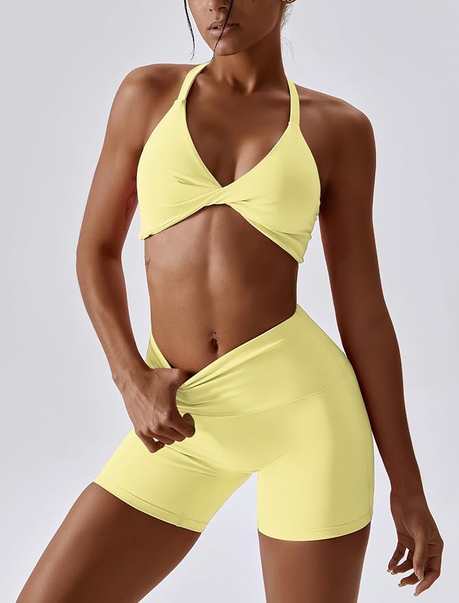 ABOCIW Workout Sets for Women 2 Piece Twist Front Halter Sports Bras High Waist Biker Shorts Exercise Gym Yoga Outfit