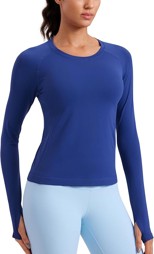 CRZ YOGA Seamless Long Sleeve Shirts for Women Waist Length - Workout Athletic Running Gym Yoga Tops Crewneck Breathable