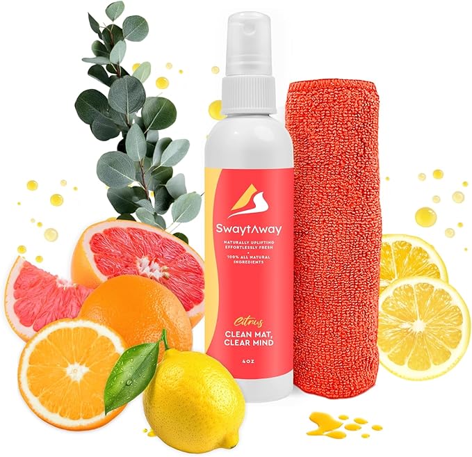 SwaytAway Travel Yoga Mat Cleaner Spray & Towel Kit, 4oz – Non Slip, No Rinse Plant-Based Citrus Essential Oil Mist for Gym, Pilates & Hot Yoga – Made in USA (1 Pack, Citrus)