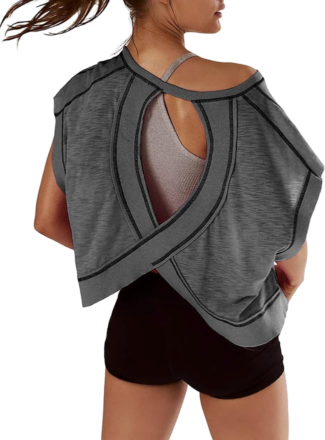 Kumufenc Women Short Sleeve Workout Shirts Open Back Tops Casual Yoga Y2k Athletic Gym Slouchy Crop Running Tees