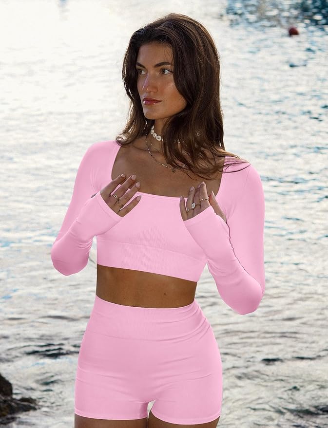 Two Piece Workout Set for Women Long Sleeve Top Matching High Waist Scrunch Butt Shorts Gym Sets Yoga Outfits Sets