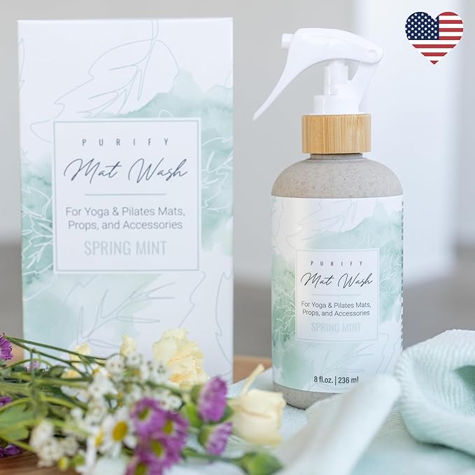 Organic Yoga Mat Cleaner Spray | 8oz Spring Mint with Microfiber Cloth | Made in the USA | Safely and Effectively Cleans All Mats and Pilates + Yoga Accessories