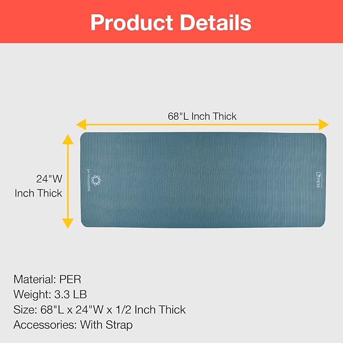 PRIMASOLE Yoga Mat Eco-Friendly Material 1/2 inch Non-Slip Yoga Pilates Fitness at Home & Gym 4 Colors with Carrying Case & Strap