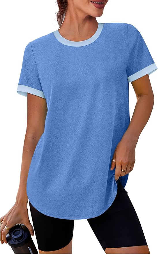 Womens Workout Tops Summer Short Sleeve Shirts Athletic Color Block Gym Clothes Outfits Sun Protection UPF 50+ T Shirts