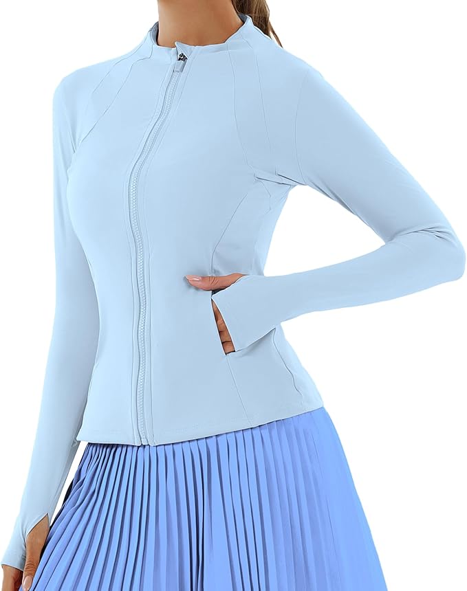 Women Jacket Full Zip UP Workout Athletic Cropped Jacket wIth Thumb Holes Running Yoga Sportswear