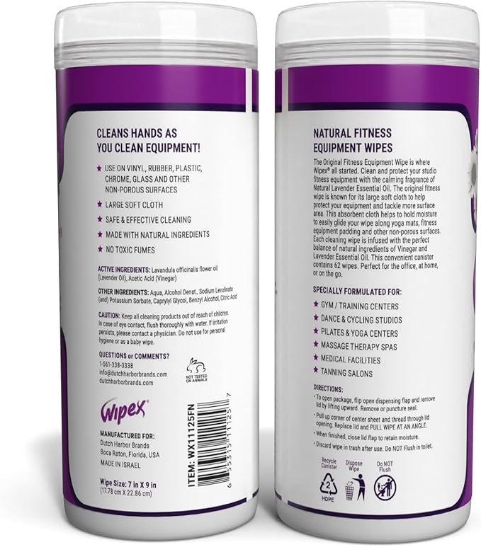 Wipex Original Natural Fitness Equipment Wipes - EWG Verified- Plant-Based Lint Free Cloth - Gym Wipes for Equipment, Yoga Mat, Peloton, Lavender and Vinegar, 50 Count (Pack of 3)