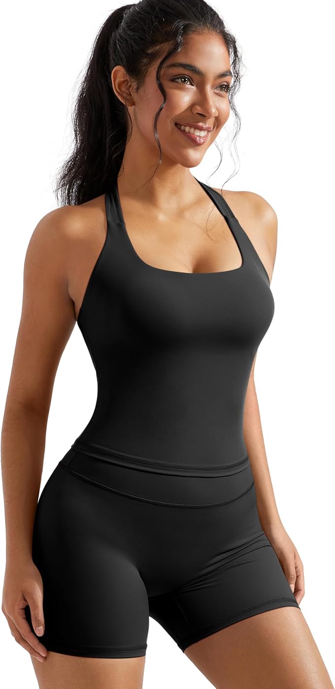 OMKAGI 2 Piece Workout Sets for Women Halter Sports Bra Tank Gym Biker Shorts Outfits
