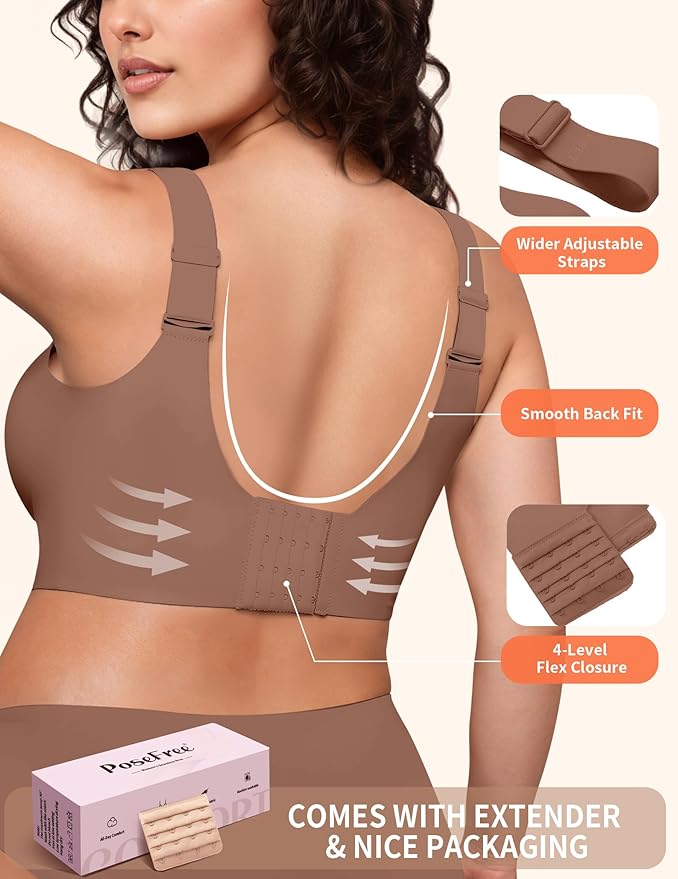 PoseFree Womens Seamless Wireless Supportive Bra Push Up Comfort Soft No Underwire Full Coverage T-Shirt Bra