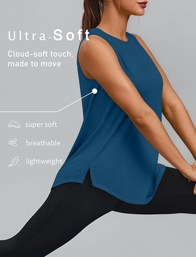 PINSPARK Workout Tops for Women Sleeveless Athletic Tank Tops UPF 50+ Running Tanks with Side Slits Loose Fit Gym Yoga Shirt