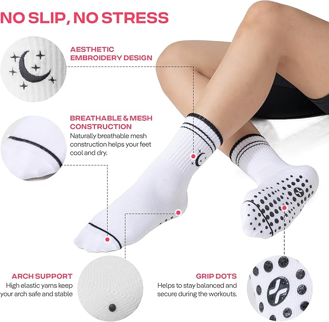 CoolMate Pilates Socks with Grips for Women, Yoga Socks, Crew Non Slip Women for Barre, Pilates Gifts for Women
