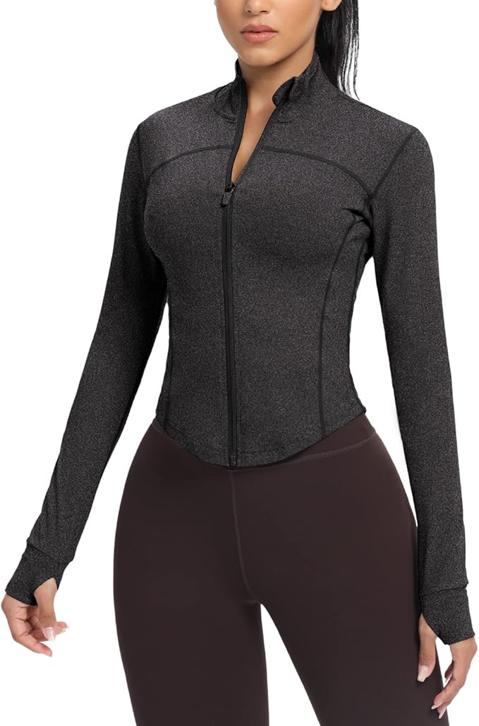 AVGO Women's Cropped Running Workout Jackets Zip Slim Fit Athletic Tops with Thumb Holes