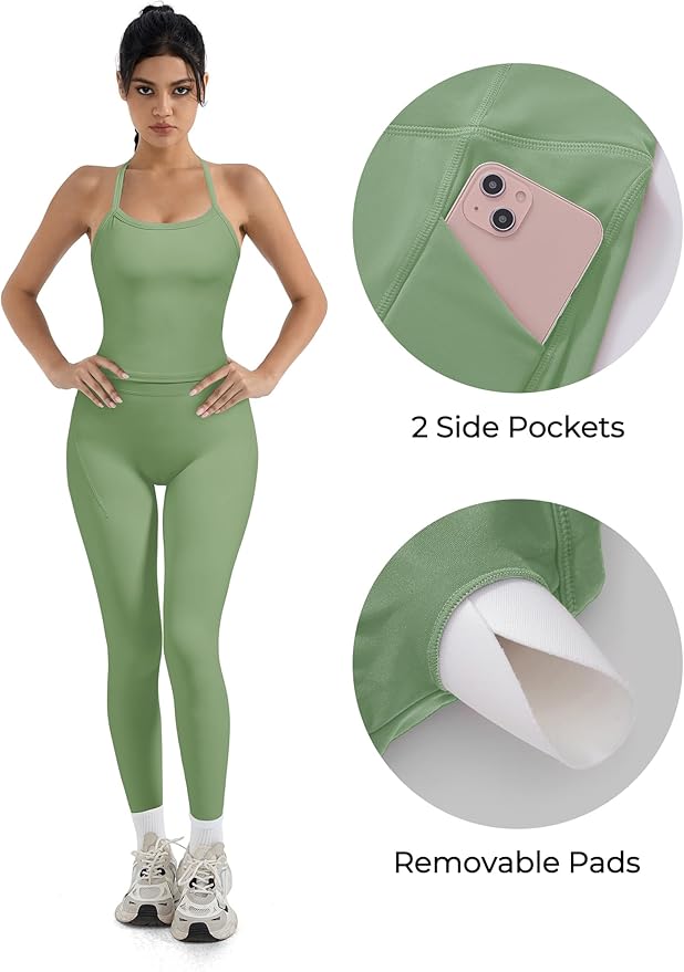 SUUKSESS Women 2 Piece Workout Sets Compression Tummy Control Leggings with Pockets Halter Built in Bra Tank Tops