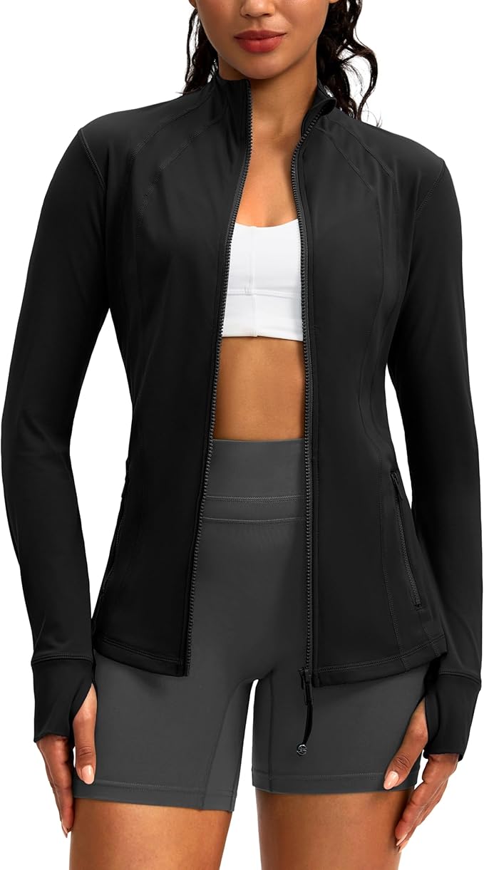 Women's Workout Jackets with 4 Pockets Zip Up Slim Fit Soft Fall Jacket for Yoga Running Athletic