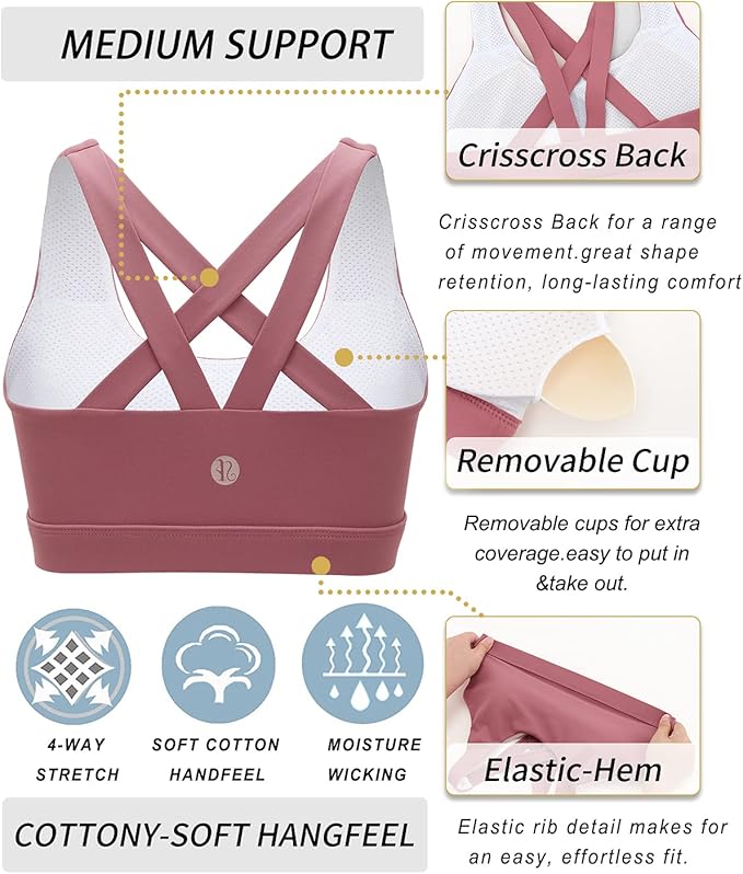 RUNNING GIRL Sports Bras for Women,Padded Strappy Sports Bras Criss-Cross Back Medium Support Sports Bras with Removable Cups