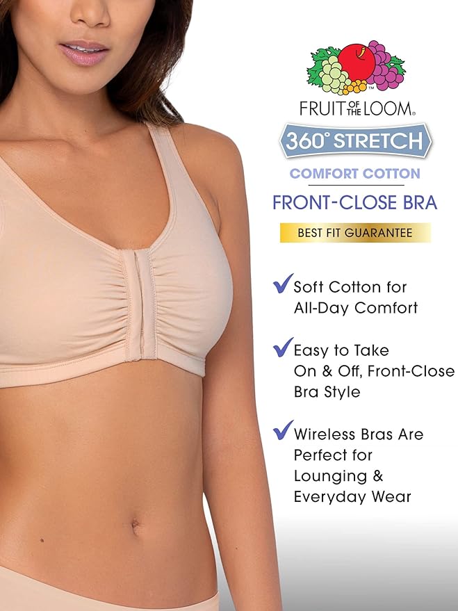 Fruit of the Loom Women's 96014PK Comfort Cotton Blend Front Close Sports Bra 2 Pack