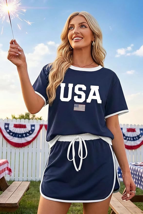 Opemiby Womens 2 Piece Skort Set 2026 Color Block Short Sleeve Top Drawstring Skort Matching Sets Casual Lounge Summer Outfit