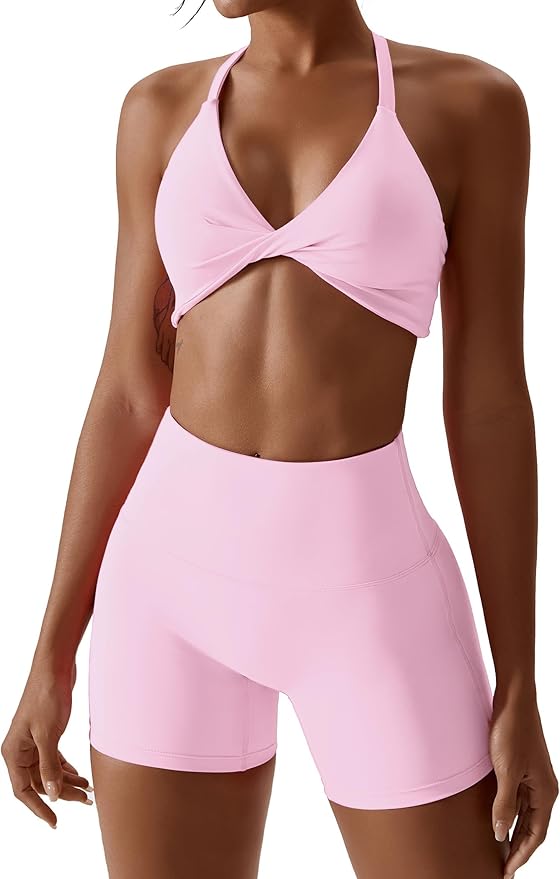 ABOCIW Workout Sets for Women 2 Piece Twist Front Halter Sports Bras High Waist Biker Shorts Exercise Gym Yoga Outfit