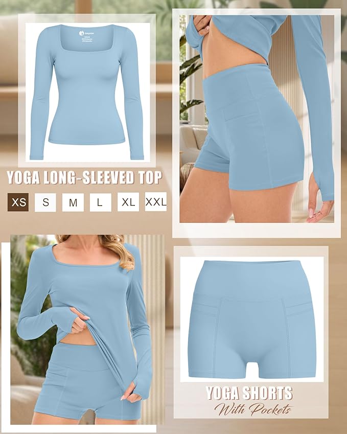 Oakgarden Women's Long Sleeve Yoga Set Square Neck Slim Fit Tops Elastic Soft Thumb Hole Shirt High Waist Shorts with Pockets