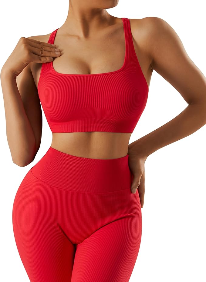 RXRXCOCO Ribbed Workout Sets for Women 2 Piece Backless Strappy Sports Bra Seamless Leggings Matching Set Yoga Outfits