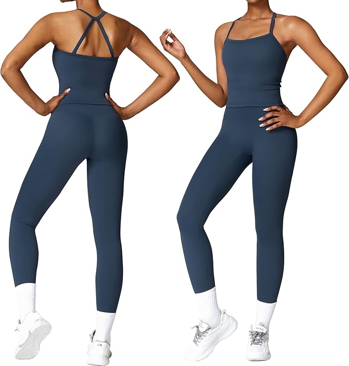 Women 2 Piece Workout Sets (NEW) Yoga Outfit Open Back Tank Top High Waisted Leggings Gym Sets Tracksuits