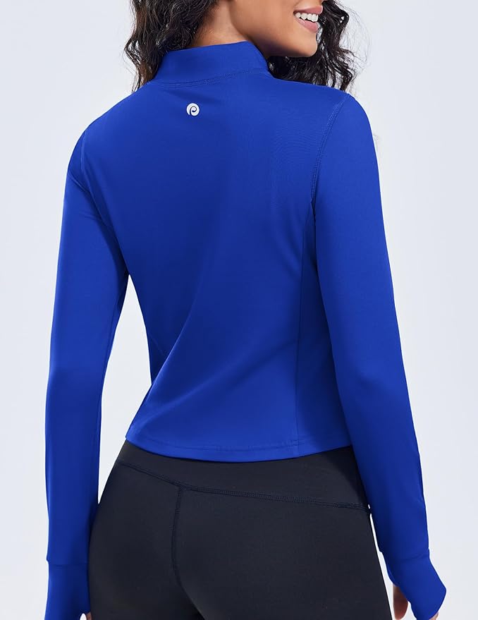 PINSPARK Women Cropped Workout Jackets Full Zip Slim Fit Athletic Jackets Thumb Holes Running Jacket with Zipper Pockets
