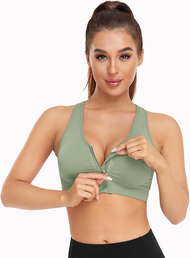 Women's Zip Front Sports Bra Wireless Post-Surgery Bra Active Yoga Sports Bras