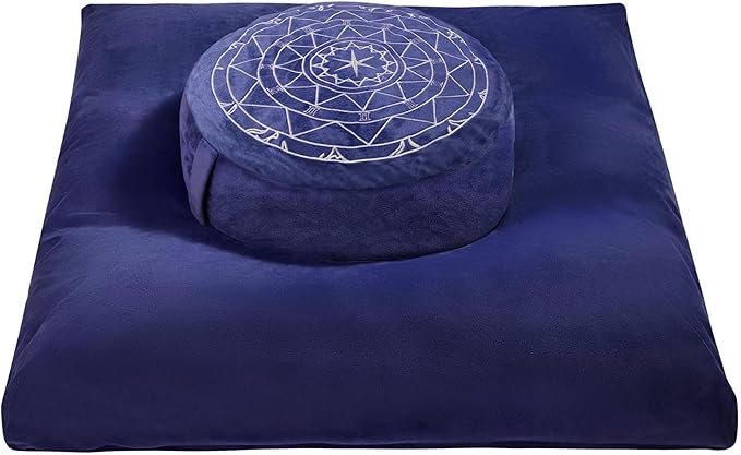 Zafu & Zabuton Meditation Cushion Set - Buckwheat Hull & Memory Foam Pillows, Ergonomic Support for Yoga, Mindfulness - Organic Velvet Cover, Large Size, Durable Comfort (Dark Blue)
